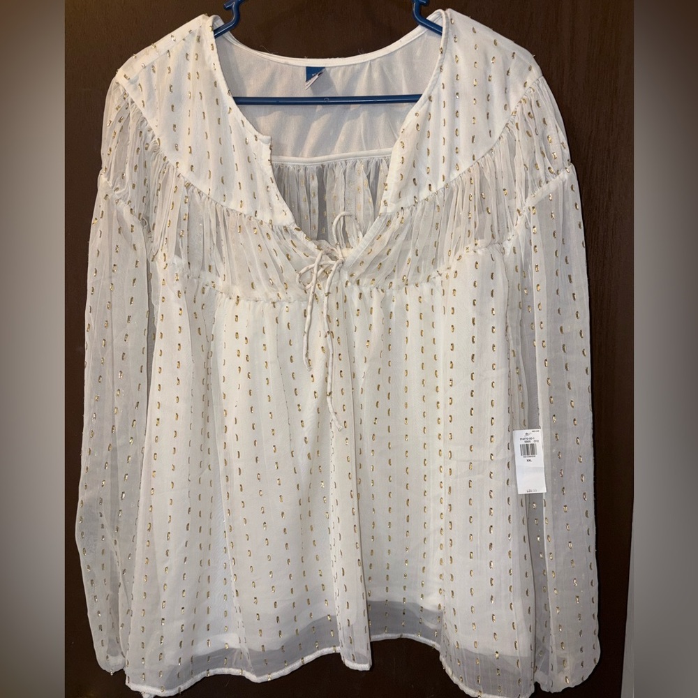 NWT - Ivory Sheer Peasant Blouse with Gold Dot Detail